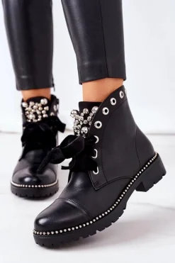 Ocieplane Botki Z Metalowymi Perełkami, Dżetami I Wstążką Czarne Perla