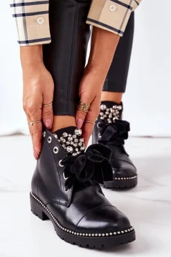 Ocieplane Botki Z Metalowymi Perełkami, Dżetami I Wstążką Czarne Perla