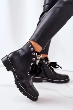 Ocieplane Botki Z Metalowymi Perełkami, Dżetami I Wstążką Czarne Perla