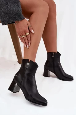 Ocieplane Botki Z Naturalnej Skóry Na Słupku Maciejka K7203-04 Czarne