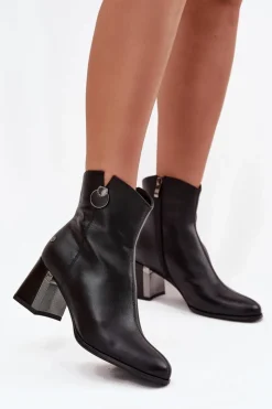 Ocieplane Botki Z Naturalnej Skóry Na Słupku Maciejka K7203-04 Czarne
