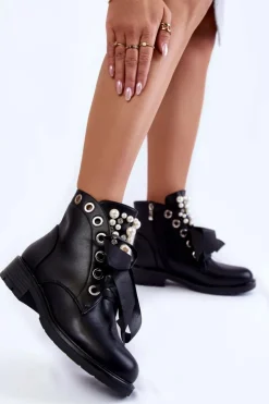 Ocieplane Botki Z Perełkami I Wstążką Czarne Perla