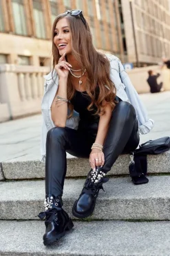 Ocieplane Botki Z Perełkami I Wstążką Czarne Perla