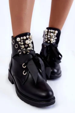 Ocieplane Botki Z Perełkami I Wstążką Czarne Perla