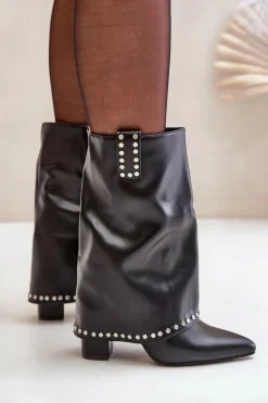 Ocieplane Botki Z Wywiniętą Cholewką Na Słupku Czarne Tamalis