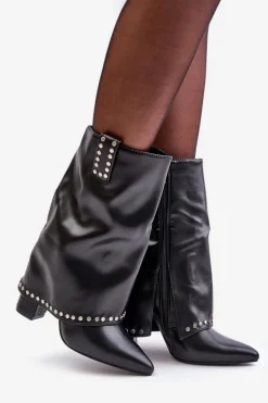 Ocieplane Botki Z Wywiniętą Cholewką Na Słupku Czarne Tamalis