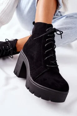 Ocieplane Botki Zamszowe na Słupku Czarne Direction