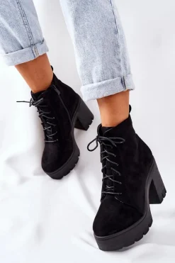 Ocieplane Botki Zamszowe na Słupku Czarne Direction