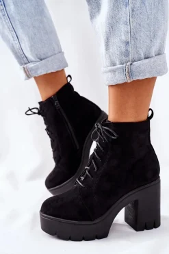 Ocieplane Botki Zamszowe na Słupku Czarne Direction