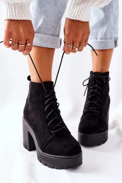 Ocieplane Botki Zamszowe na Słupku Czarne Direction