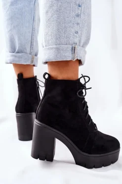 Ocieplane Botki Zamszowe na Słupku Czarne Direction