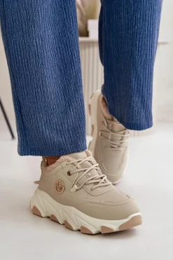 Ocieplane Buty Sportowe Damskie Sznurowane Na Platformie Beżowe Bialoa