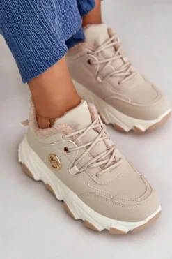 Ocieplane Buty Sportowe Damskie Sznurowane Na Platformie Beżowe Bialoa