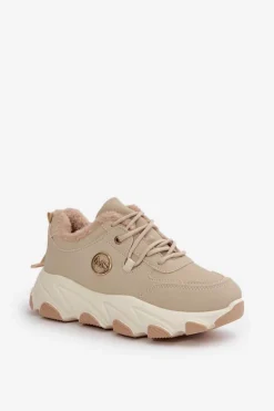 Ocieplane Buty Sportowe Damskie Sznurowane Na Platformie Beżowe Bialoa