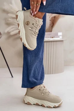 Ocieplane Buty Sportowe Damskie Sznurowane Na Platformie Beżowe Bialoa