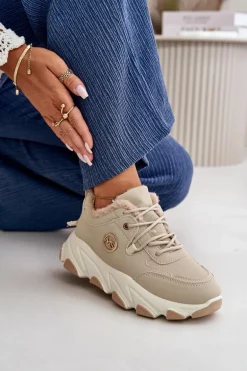 Ocieplane Buty Sportowe Damskie Sznurowane Na Platformie Beżowe Bialoa