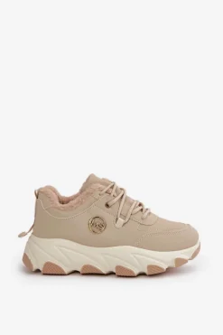 Ocieplane Buty Sportowe Damskie Sznurowane Na Platformie Beżowe Bialoa