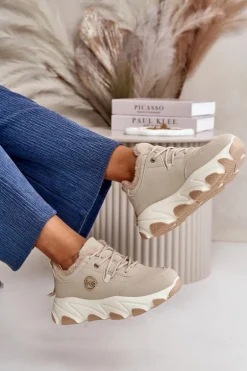 Ocieplane Buty Sportowe Damskie Sznurowane Na Platformie Beżowe Bialoa