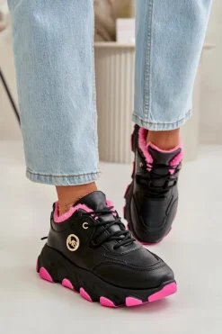 Ocieplane Buty Sportowe Damskie Sznurowane Na Platformie Czarne Bialoa