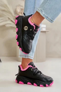 Ocieplane Buty Sportowe Damskie Sznurowane Na Platformie Czarne Bialoa