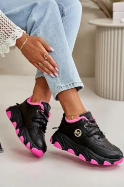 Ocieplane Buty Sportowe Damskie Sznurowane Na Platformie Czarne Bialoa