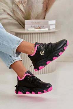 Ocieplane Buty Sportowe Damskie Sznurowane Na Platformie Czarne Bialoa