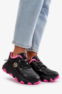 Ocieplane Buty Sportowe Damskie Sznurowane Na Platformie Czarne Bialoa