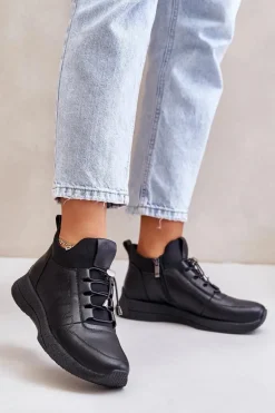 Ocieplane Buty Sportowe Skórzane Na Zamek Artiker 55C0041 Czarne