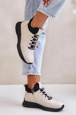 Ocieplane Buty Sportowe Skórzane Na Zamek Artiker 55C0038 Beżowe