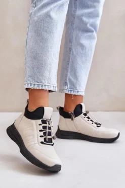 Ocieplane Buty Sportowe Skórzane Na Zamek Artiker 55C0038 Beżowe