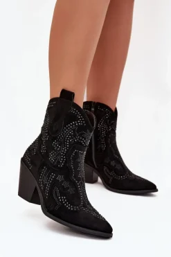 Ocieplane Damskie Botki Kowbojki Ze Zdobieniem Czarne Lelira