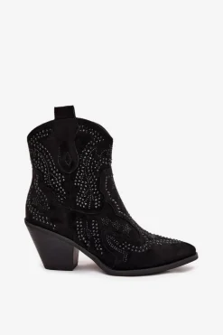 Ocieplane Damskie Botki Kowbojki Ze Zdobieniem Czarne Lelira