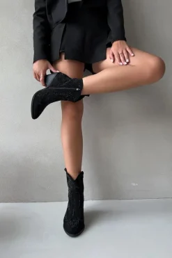 Ocieplane Damskie Botki Kowbojki Ze Zdobieniem Czarne Lelira