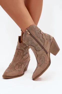 Ocieplane Damskie Botki Kowbojki Ze Zdobieniem Beżowe Lelira