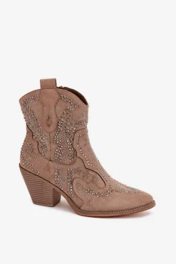 Ocieplane Damskie Botki Kowbojki Ze Zdobieniem Beżowe Lelira