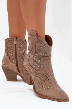 Ocieplane Damskie Botki Kowbojki Ze Zdobieniem Beżowe Lelira