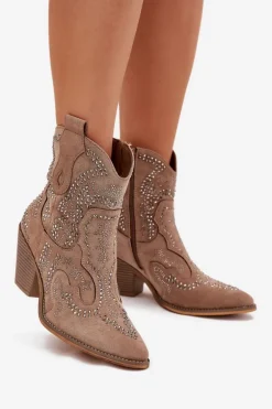 Ocieplane Damskie Botki Kowbojki Ze Zdobieniem Beżowe Lelira
