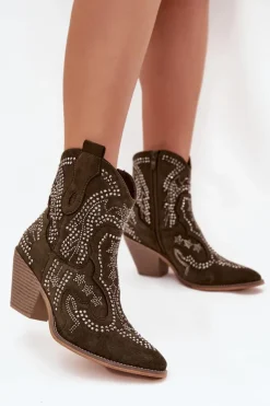 Ocieplane Damskie Botki Kowbojki Ze Zdobieniem Ciemnozielone Lelira