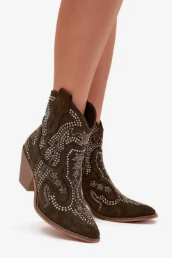 Ocieplane Damskie Botki Kowbojki Ze Zdobieniem Ciemnozielone Lelira