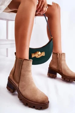 Ocieplane Damskie Botki Na Suwak Beżowe Lenaris