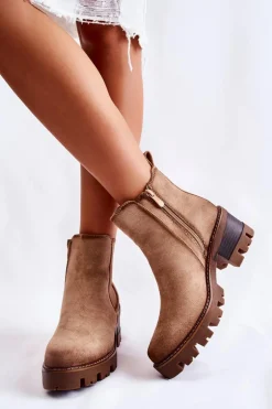 Ocieplane Damskie Botki Na Suwak Beżowe Lenaris