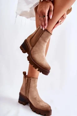 Ocieplane Damskie Botki Na Suwak Beżowe Lenaris