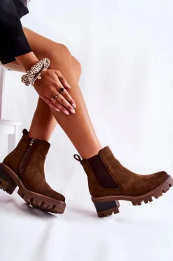 Ocieplane Damskie Botki Na Suwak Brązowe Lenaris