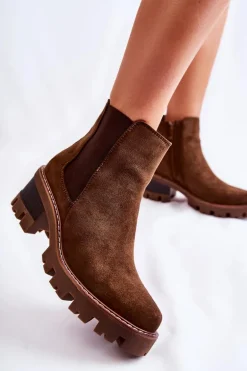 Ocieplane Damskie Botki Na Suwak Brązowe Lenaris