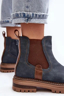 Ocieplane Damskie Botki Sztyblety Na Płaskim Obcasie Niebieskie Myrine