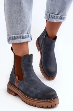 Ocieplane Damskie Botki Sztyblety Na Płaskim Obcasie Niebieskie Myrine