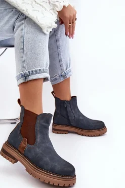 Ocieplane Damskie Botki Sztyblety Na Płaskim Obcasie Niebieskie Myrine