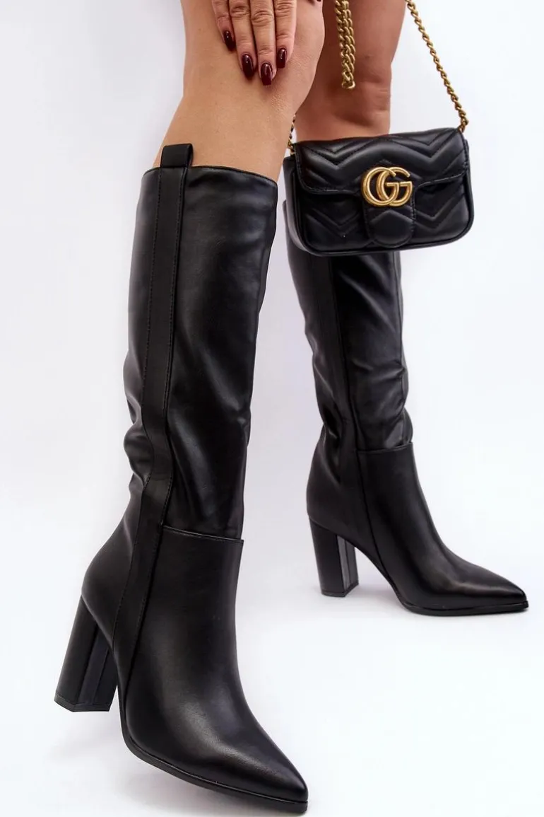 Ocieplane Damskie Kozaki Przed Kolano Na Słupku Czarne Genzani