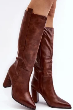 Ocieplane Damskie Kozaki Przed Kolano Na Słupku Brązowe Genzani