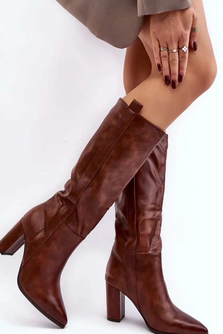 Ocieplane Damskie Kozaki Przed Kolano Na Słupku Brązowe Genzani